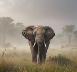 Naklejka premium Solitary elephant emerges from mist, savannah grass , wildlife scene, african wildlife