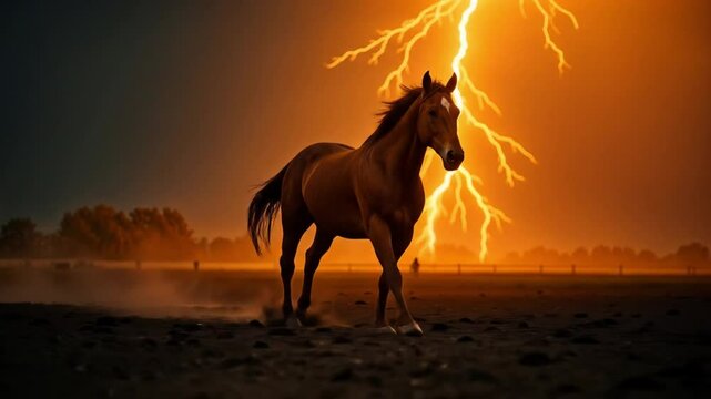Brown Horse Running Through Muddy Field in Thunderstorm with Lightning, horse at sunset