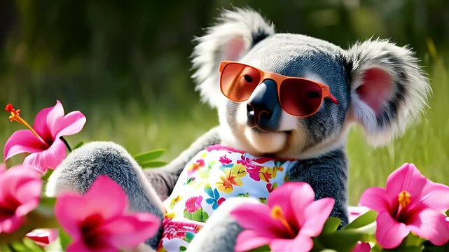 Koala Bear Enjoying Summer with Sunglasses and Hibiscus Flowers on Checkered Blanket in Bright Sunlight