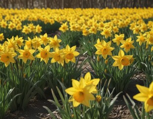 Obraz premium Sunlit field of vibrant yellow daffodils in full bloom , closeup, flora, floral