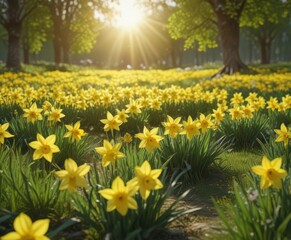 Fototapeta premium Sunlit daffodils burst forth in vibrant yellow, a lush green meadow backdrop , macro, spring