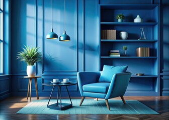 Minimalist Light Blue Living Room, Navy Accent Chair, 3D Render, Surreal Photography Background