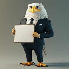 A dapper and fluffy eagle in a formal suit, elegantly holding a blank signboard. The eagle’s confident and charismatic posture makes it the perfect mascot for a customizable ad