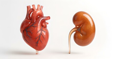 The image depicts translucent amber-colored models of a human heart and kidney positioned upright along a shared heart-kidney axis on a soft gradient background.