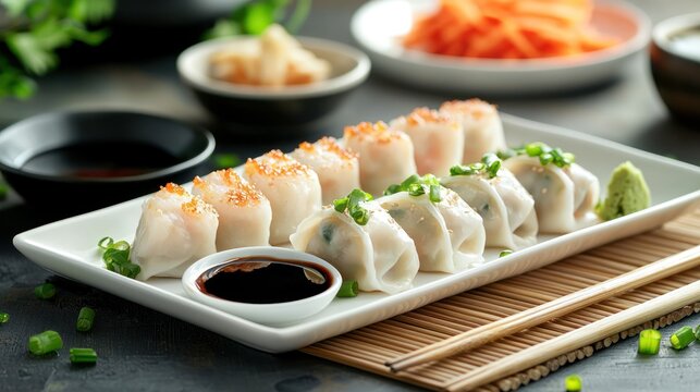 A spread of Asian cuisine with dumplings, spring rolls, and soy sauce.
