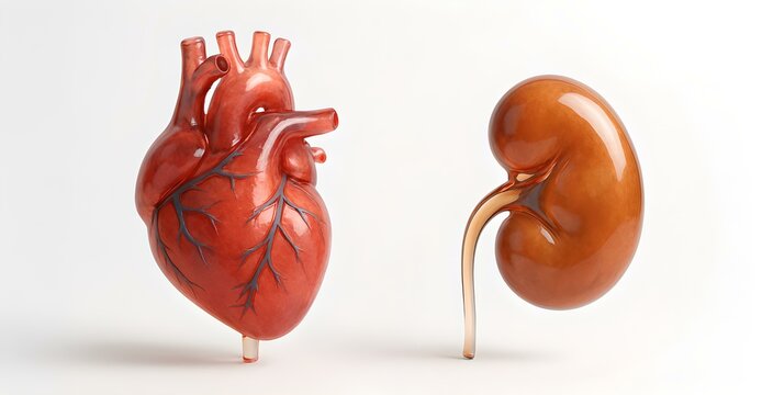 The image depicts translucent amber-colored models of a human heart and kidney positioned upright along a shared heart-kidney axis on a soft gradient background.