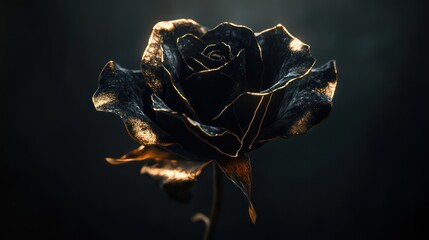 A minimalist composition featuring a single black rose with metallic gold veins running through its petals, illuminated by a soft,