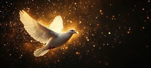 Spirit of god background banner panorama greeting card, religious symbol - White dove of peace with wings wide open in gold shiny glitter sky air with sunbeams