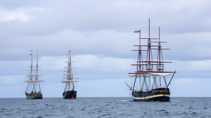 Fototapeta premium Three historic sailing ships at sea under a cloudy sky.