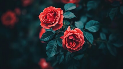 A cluster of vibrant red roses in a flower garden with green leaves.
