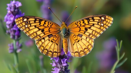 Obraz premium A close-up of a delicate butterfly resting on a purple wildflower.