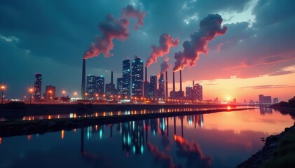 Fototapeta premium Factory skyline, data streams, economic indicators, growth, data