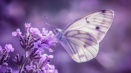 Naklejka premium A close-up of a delicate butterfly resting on a purple wildflower.