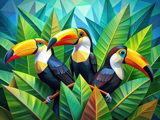 Minimalist Toucans, Polygons, Amazon Leaves, Abstract Birds