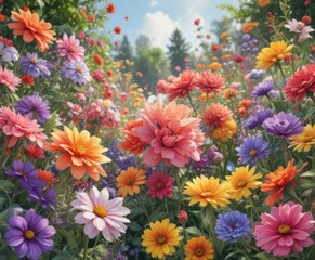 Fototapeta premium Vibrant watercolor blooms, summer garden explosion, floral illustration, illustration, art