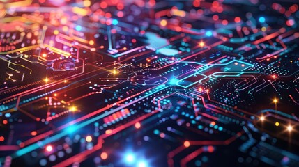 A close up of a complex circuit board with glowing lights and intricate pathways visible in detail