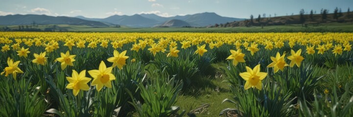 Fototapeta premium Vibrant yellow daffodils in full bloom, lush green field, clear blue sky backdrop , cheerful, background, springtime