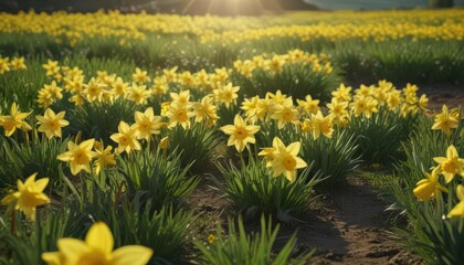 Fototapeta premium Sunlit daffodils burst forth in a vibrant yellow against a lush green field , flowers, floral, macro