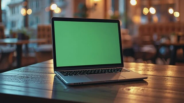 Laptop in Cafe with Green Screen: A laptop with a vibrant green screen sits on a rustic wooden table in a cozy cafe setting, offering space for content presentation.