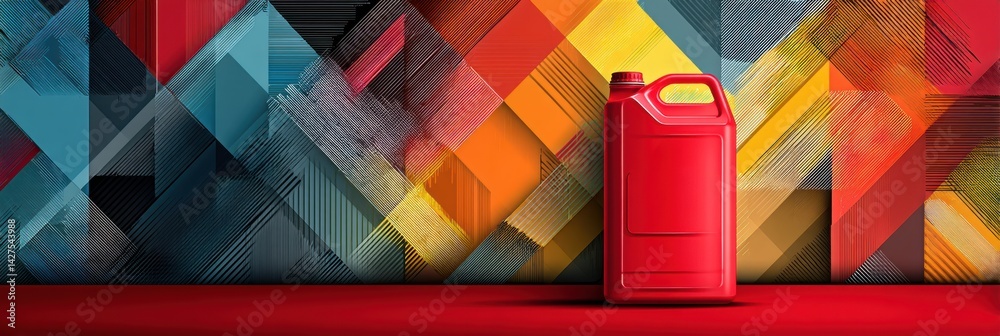 Fototapete Bright Red Jerrycan Stands out Against Vibrant Abstract Geometric Background With Colorful Patterns and Textures