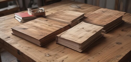Three book cover mockups, rustic wood table, varying sizes,  layout,  wooden table