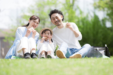 Fototapeta premium 新緑の中、家族での芝生でピクニック クローズアップ 春夏のお出かけやレジャーなどカメラ目線