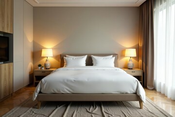 Stylish guest room, double bed, lamps, minimalist decor, isolated , home, view, room