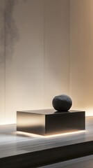A minimalist podium with a polished metal surface and integrated LED lights, providing a sleek and clean backdrop for product display.