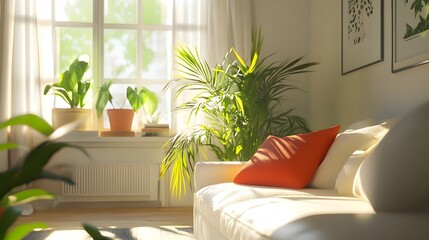 84. A bright and inviting living room with cozy pillows, lush plants, and sunlight creating a peaceful atmosphere.