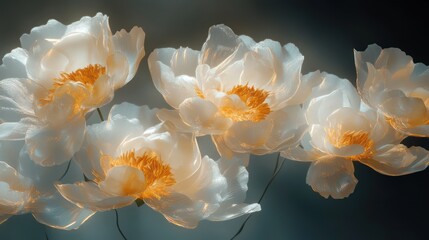 Fototapeta premium A surreal arrangement of translucent peonies, their petals infused with a golden glow, appearing almost weightless against a shadowy, abstract