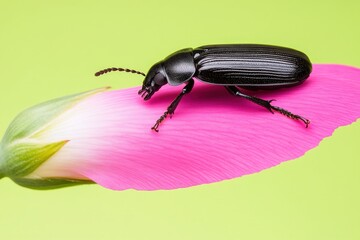 Fototapeta premium Close-up of a dark beetle on a pink flower petal.