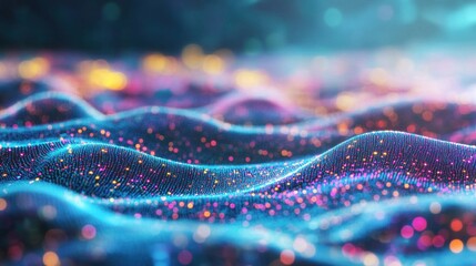 Obraz premium The artwork showcases a mesmerizing landscape of flowing waves filled with vibrant colors and shimmering lights, creating an enchanting atmosphere