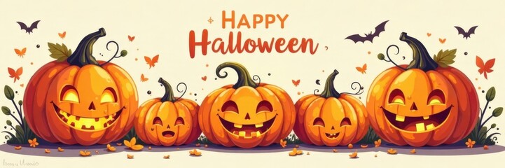 Naklejka premium Whimsical Pumpkin Illustrations with Happy Halloween Fonts, pumpkin, whimsy, fall