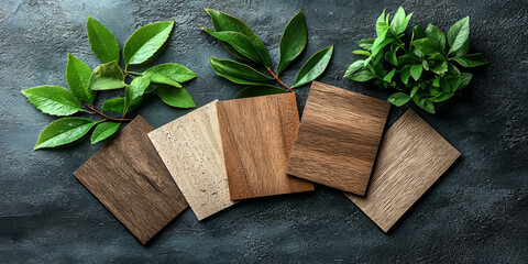  Natural Wood Samples with Green Leaves on Dark Surface