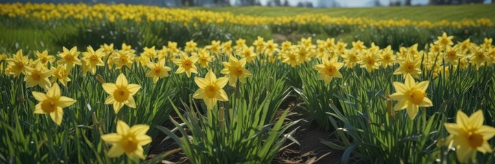 Fototapeta premium A profusion of vibrant yellow daffodils basking in sunlight, set against a lush green field and clear blue sky , bloom, petal
