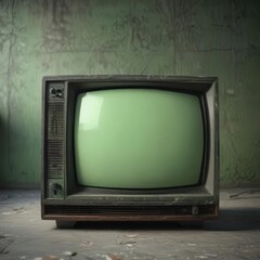 A weathered CRT television set with visible static and the characteristic green tint , photo, worn