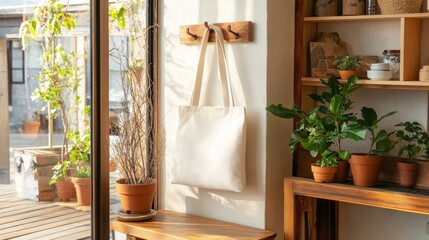 Cozy Indoor Space with Natural Light and Stylish Tote Bag Display