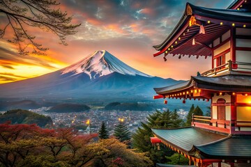 Mount Fuji, Traditional Japanese House, High Depth of Field, AI Art