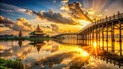 Fototapeta premium Myanmar Sunset Bridge Surreal Photography, Golden Hour Bridge, Birma Bridge Fantasy