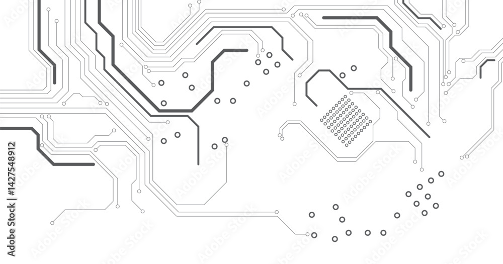 Poster Technology background with a circuit board with electronic elements.  Motherboard technology texture design.Black circuit diagram on white background. High-tech circuit board connection system.