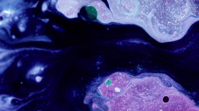 Paint flood. Stream ice. Dark contrasting pouring fluid between light frozen colored shores with confetti glitter. Wavy blur violet dye substance spreading.