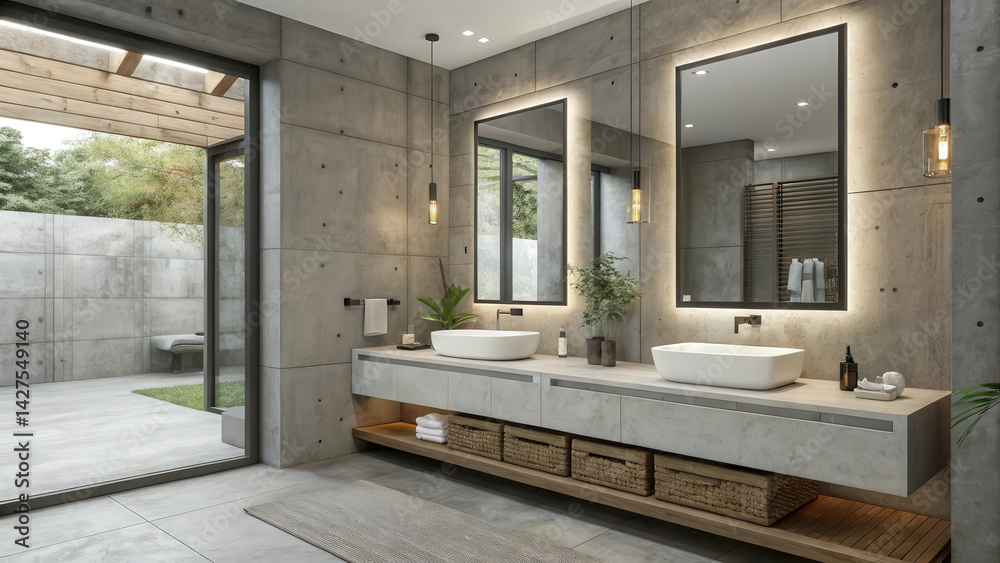 Poster modern bathroom features double sinks and large mirrors, with concrete aesthetic and natural light from open patio. space is enhanced by greenery and warm lighting, creating serene atmosphere