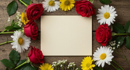 Fototapeta premium Floral Greeting: Roses and daisies create a delicate border around a blank card on a wooden surface.