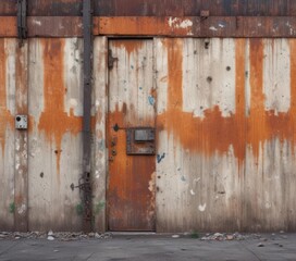 Weathered industrial facade, peeling paint, rusted metal details , rusty, industrial, urban decay