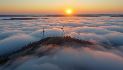 Majestic Sunrise Over Wind Turbines Surrounded by Rolling Fog and Scenic Hills in a Serene Landscape