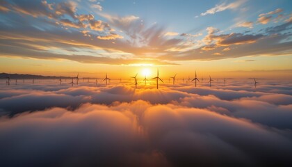 Majestic Sunrise Over Wind Turbines Amidst Dreamy Clouds and Vibrant Sky Colors