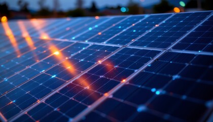 Close-up View of Solar Panels Harnessing Sunlight for Clean Energy Production at Sunset