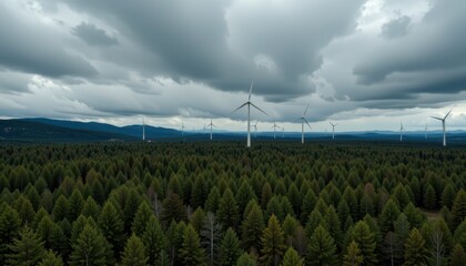 Scenic Aerial View of Wind Turbines Surrounded by Lush Green Forest Under Dramatic Cloudy Sky