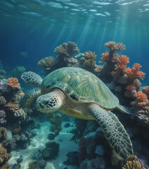 A majestic green sea turtle explores a kaleidoscope of coral and blue ocean , photography, biodiversity
