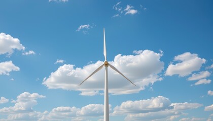 Wind Turbine Under Blue Sky with Fluffy White Clouds and Sunlight Creating a Perfect Renewable Energy Scene